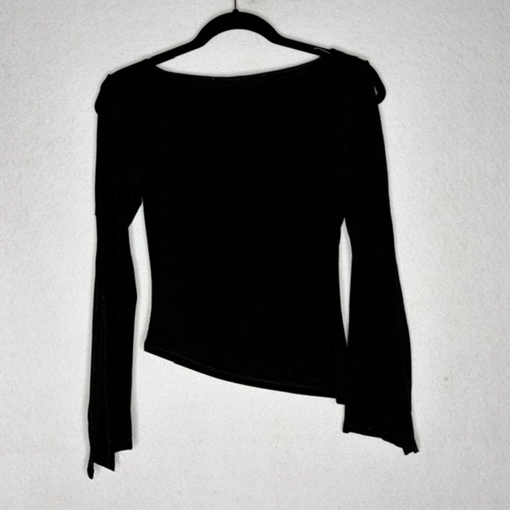 Zoom Black Mesh Asymmetrical Bell Sleeve Y2K Top. Measures Small Whimsigoth